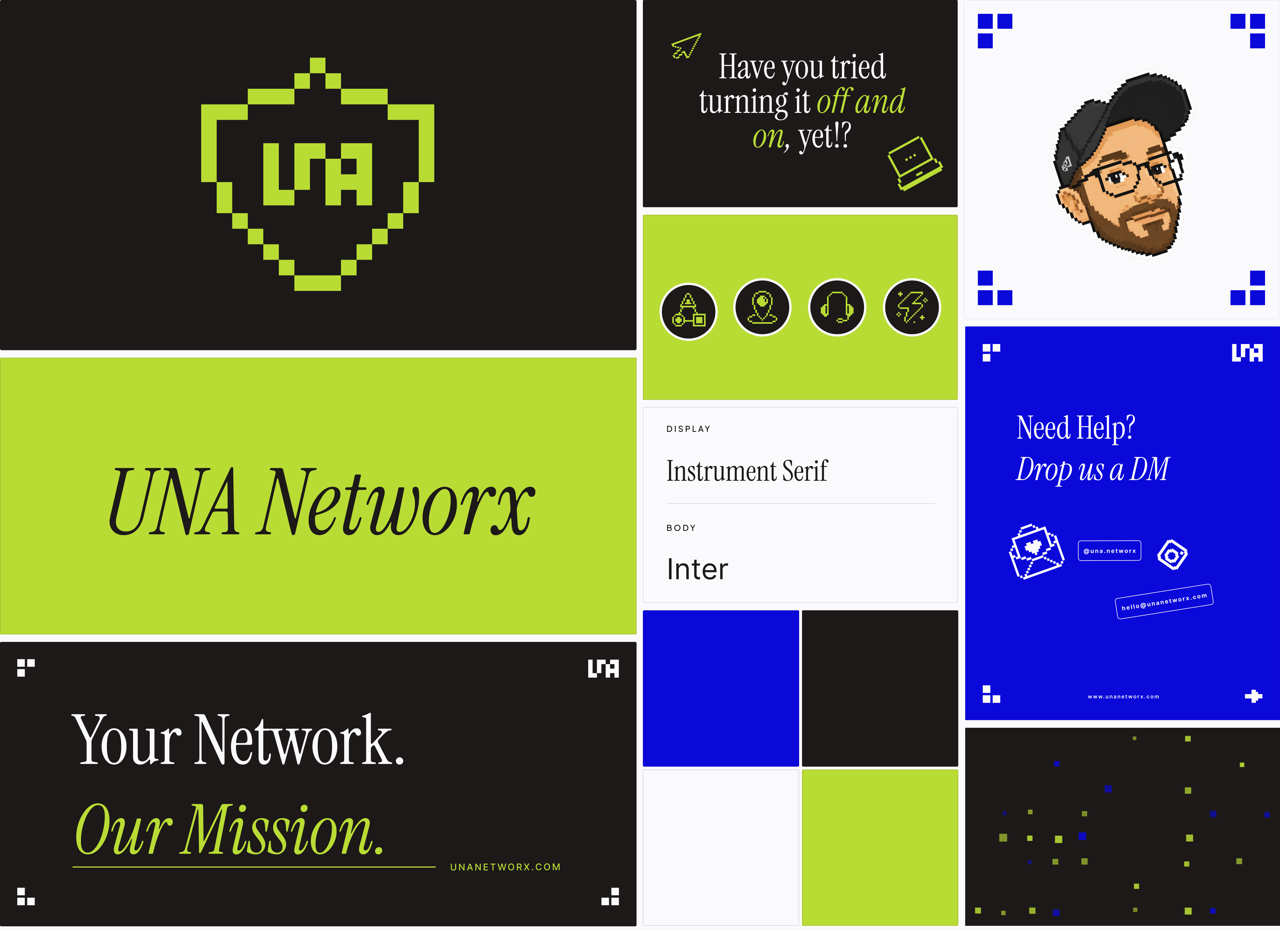 UNA Networx quick brand guideline — shield mark, wordmark, editorial manifesto, icon set, colour tokens, type specimen, and campaign artefacts on one board