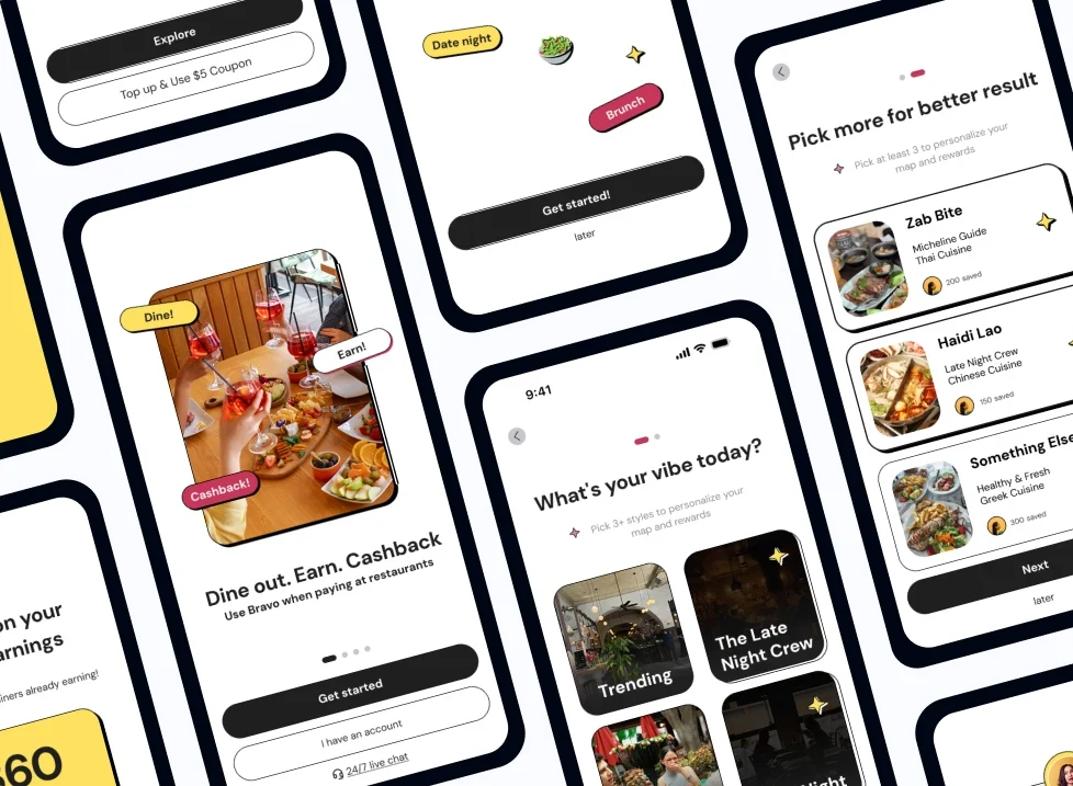 Redesigned Bravo onboarding screens: a food-led welcome with Dine, Earn and Cashback bubbles, a mood picker and restaurant picks