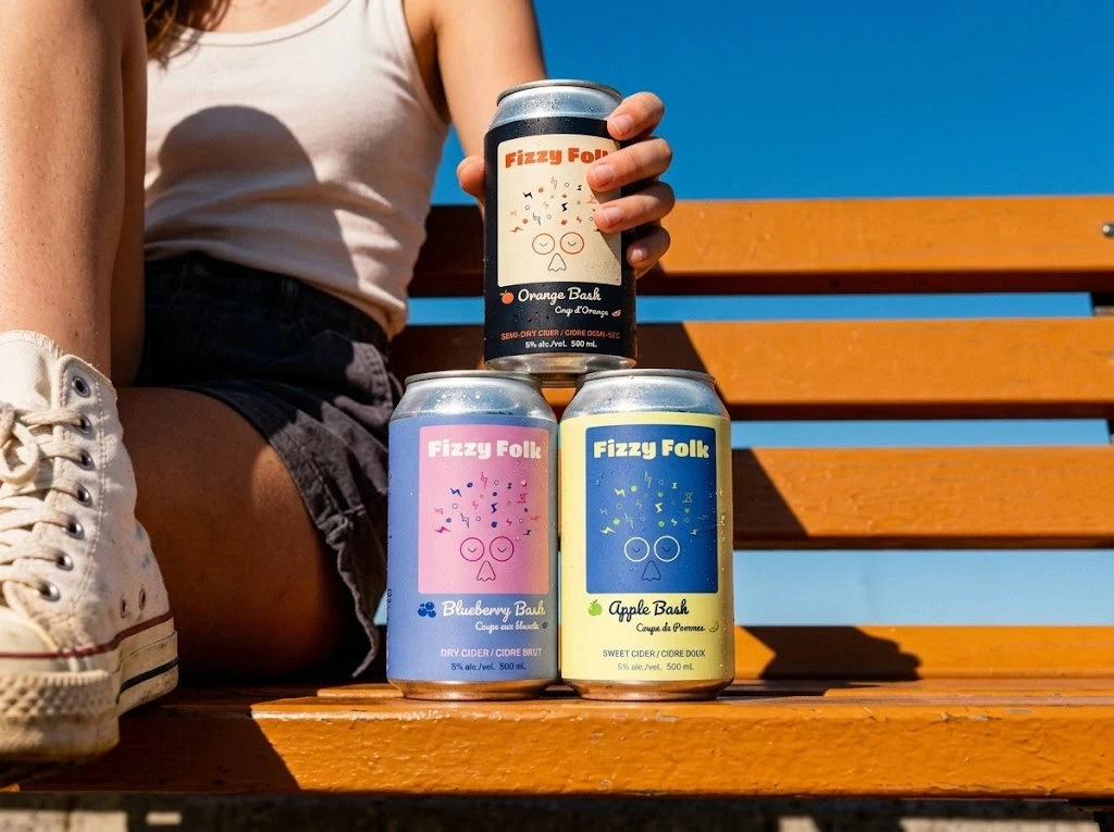AI-generated scene: the three Fizzy Folk cans stacked on an orange park bench in bright sun, Orange Bash on top of Blueberry Bash and Apple Bash, next to someone in white sneakers