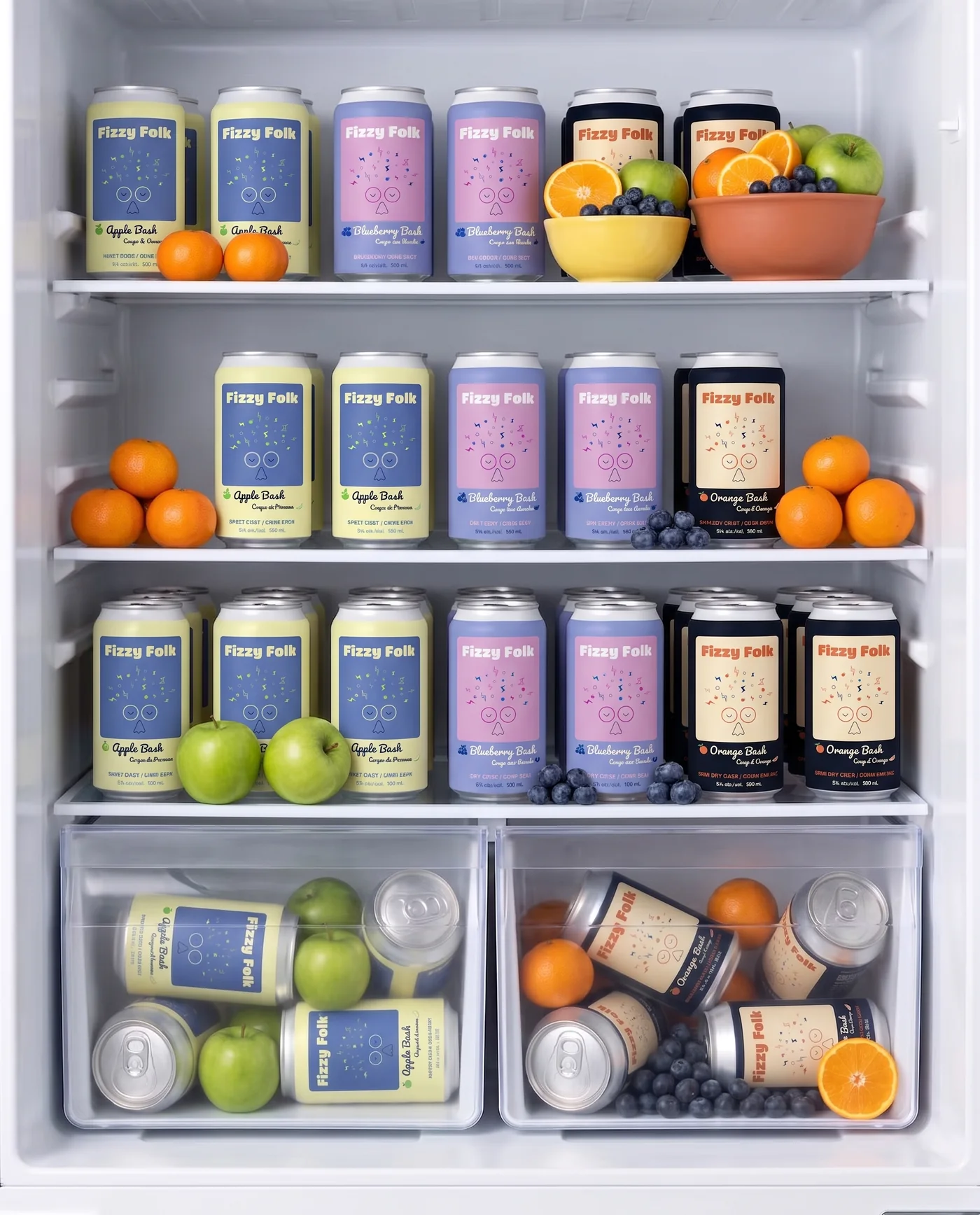 AI-generated scene: a fridge stocked with rows of Fizzy Folk cans in all three flavours alongside apples, oranges and blueberries