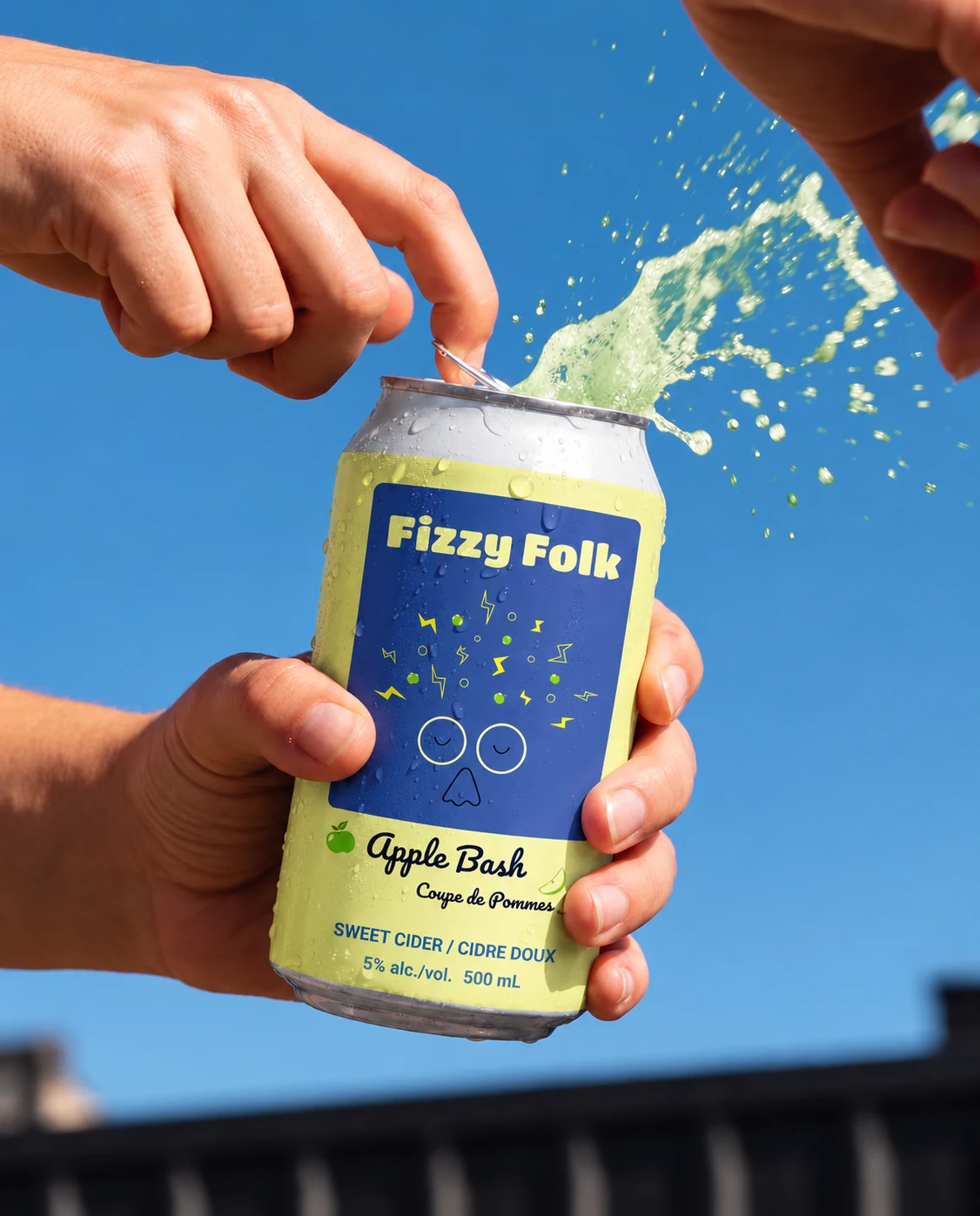AI-generated scene: hands cracking open an Apple Bash can against a blue sky, cider spraying out