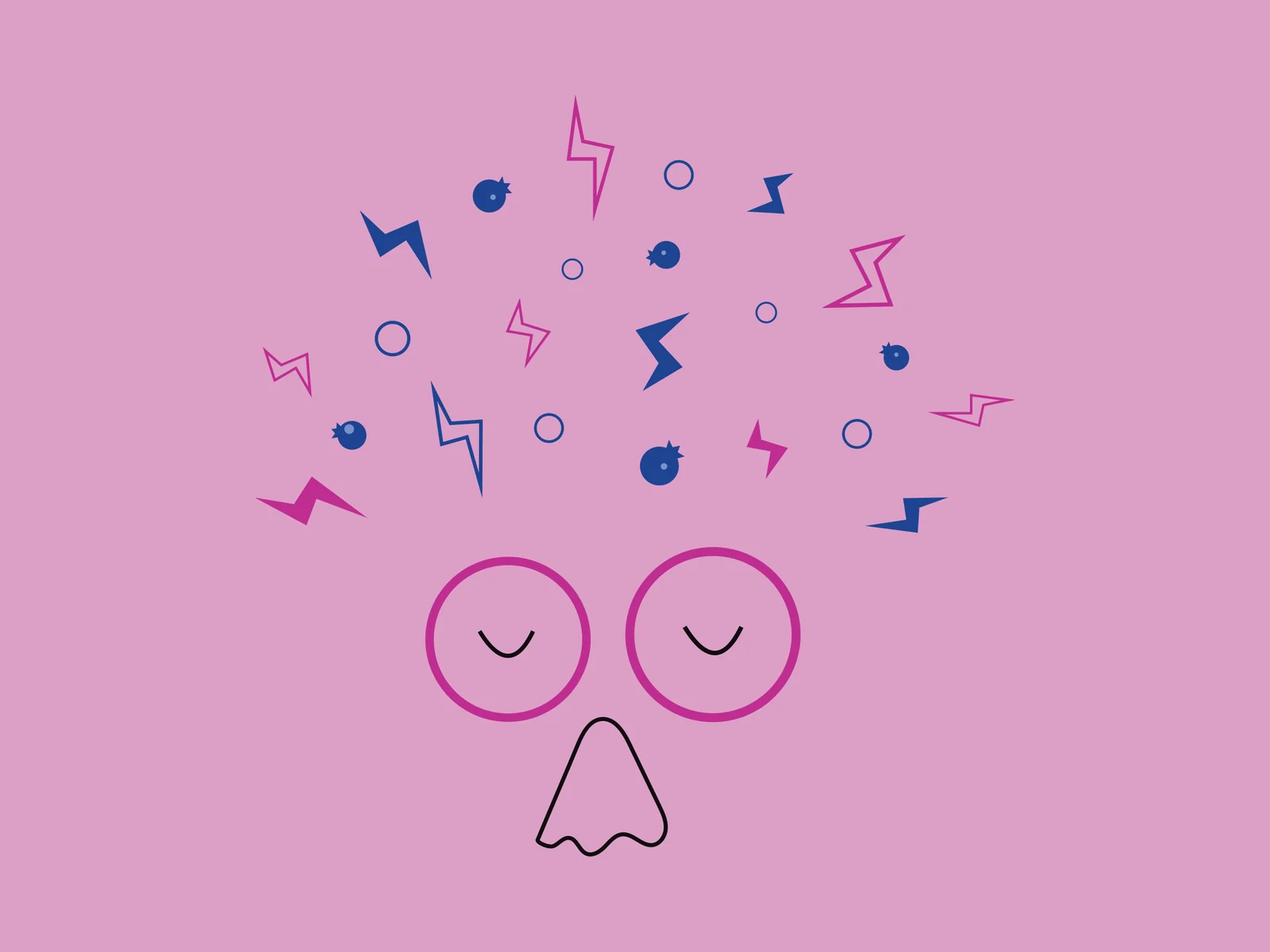 The Fizzy Folk character: closed eyes in two magenta circles, a line-drawn nose, and fizz, lightning bolts and blueberries bursting above like hair