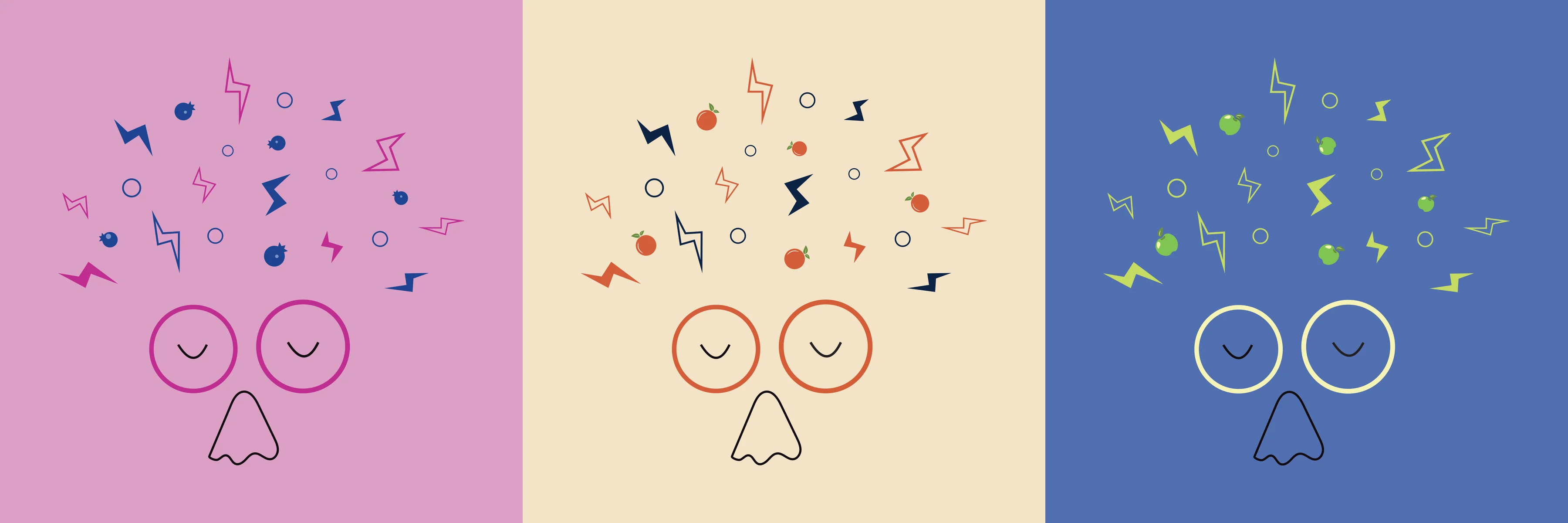 The character three times, one per flavour: blueberries on pink, oranges on cream, green apples on blue, each with the same calm face