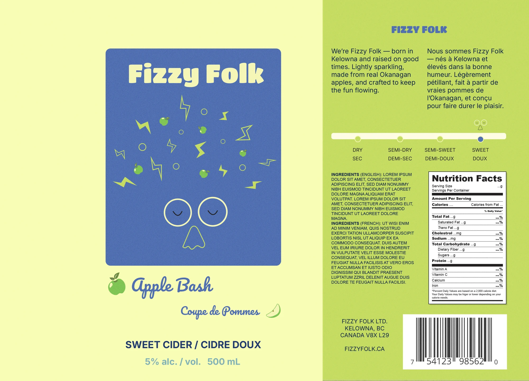 The full Apple Bash label laid flat, pale yellow front panel with a blue character panel, lime back panel
