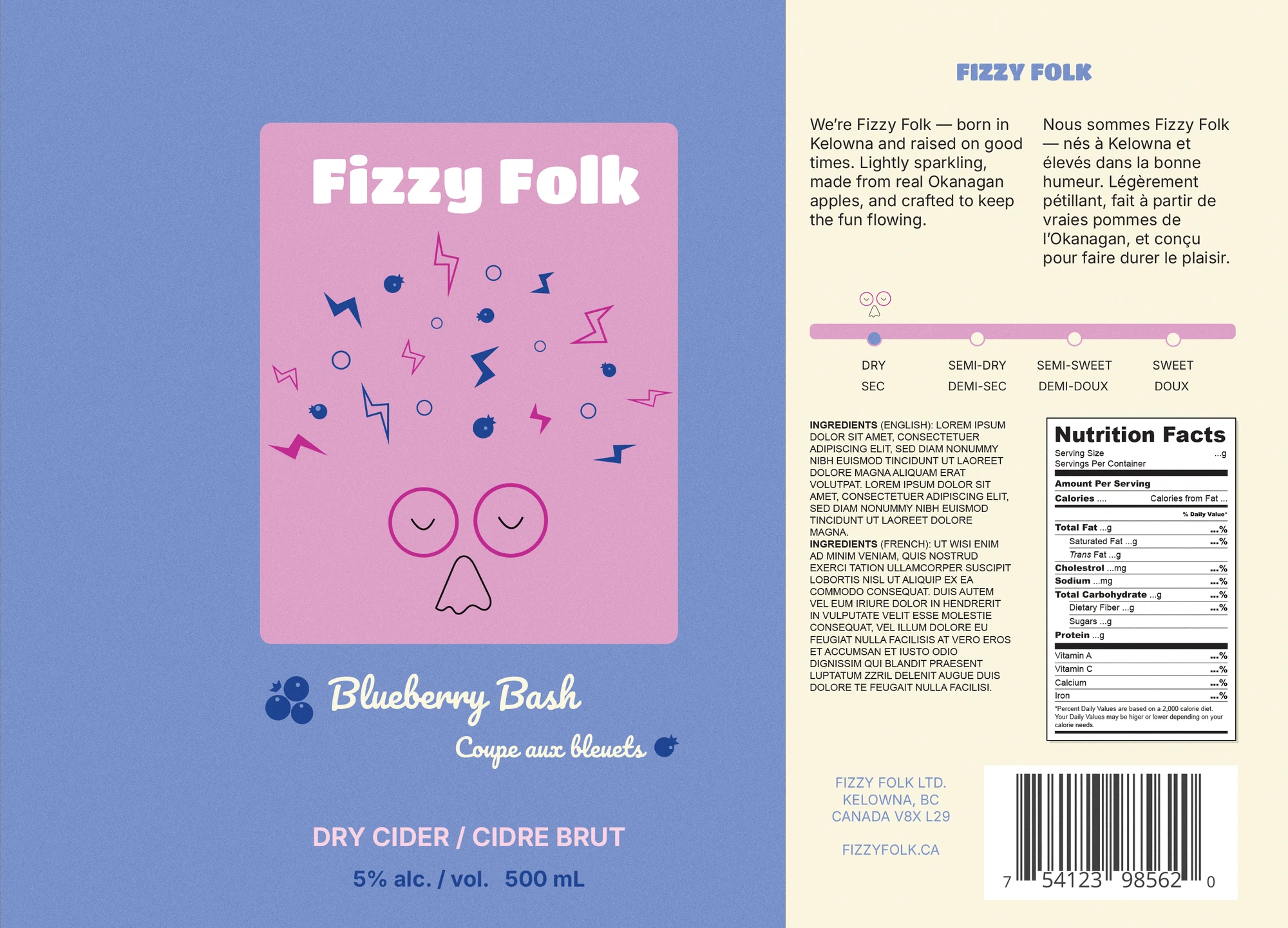 The full Blueberry Bash label laid flat: front panel with logo, character and flavour name on the left, back panel with bilingual copy, sweetness scale, nutrition facts and barcode on the right