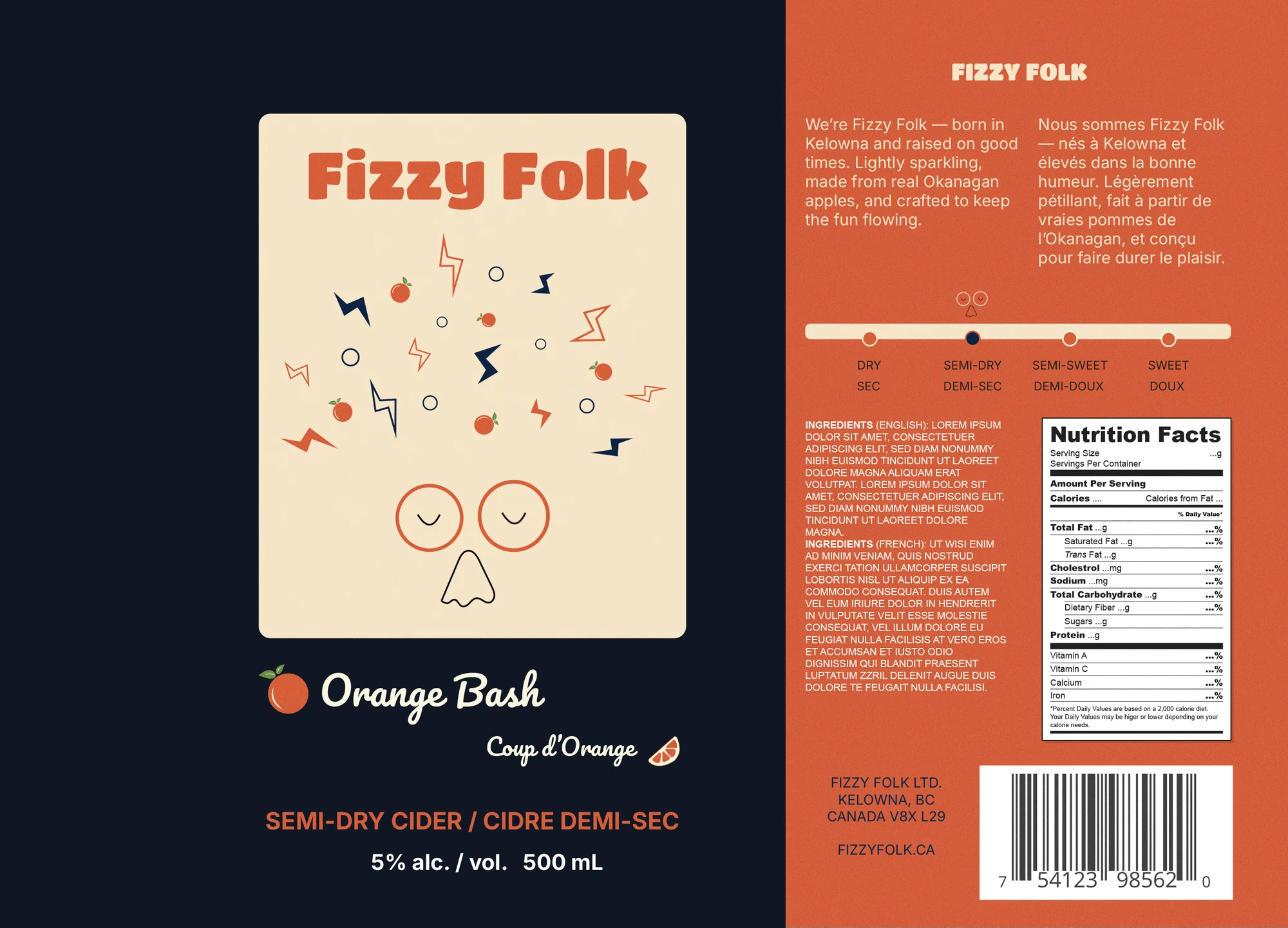 The full Orange Bash label laid flat, navy front panel with a cream character panel, orange back panel