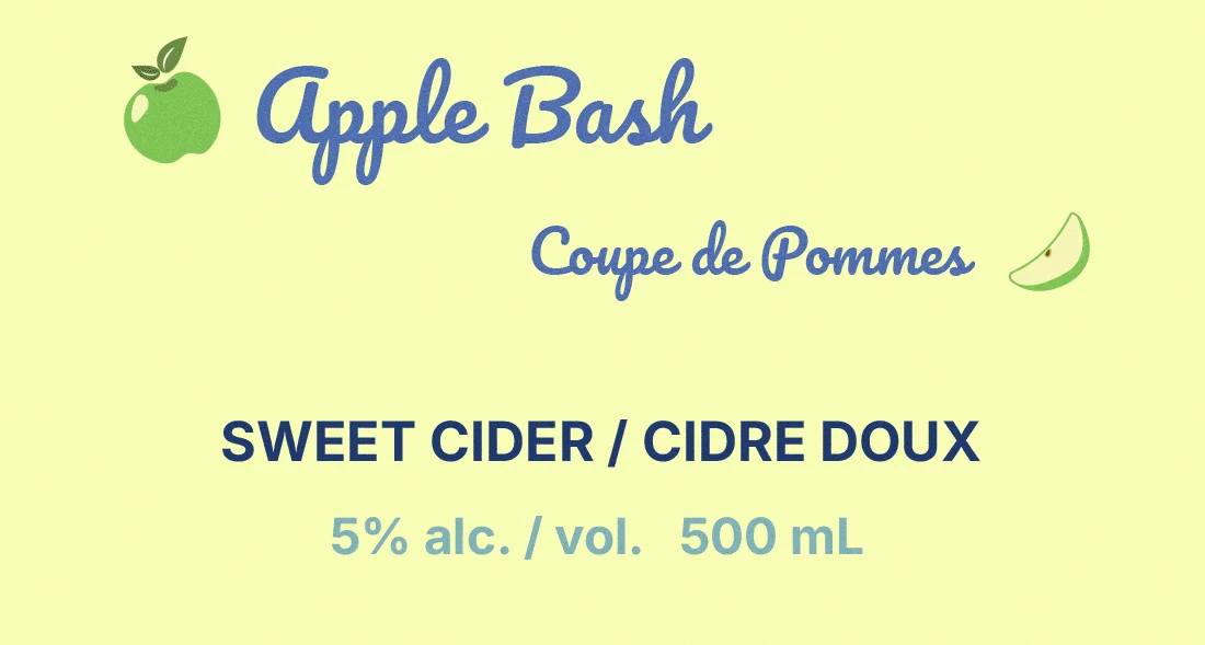 Apple Bash flavour lockup with its French name, Coupe de Pommes, and the line sweet cider, 5% alc./vol., 500 mL