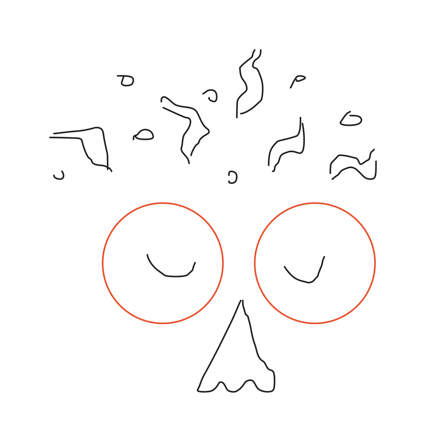 Initial line sketch of the Fizzy Folk character: two large circles with closed, smiling eyes, a triangular nose, and loose squiggles bursting above the head like fizz