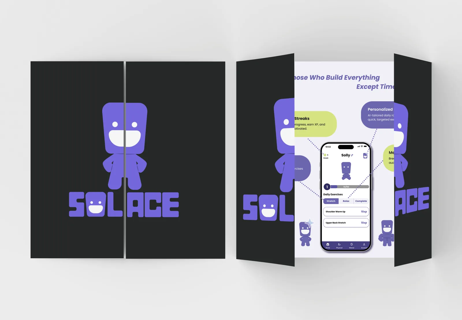 Solace gatefold brochure mockup, closed and open