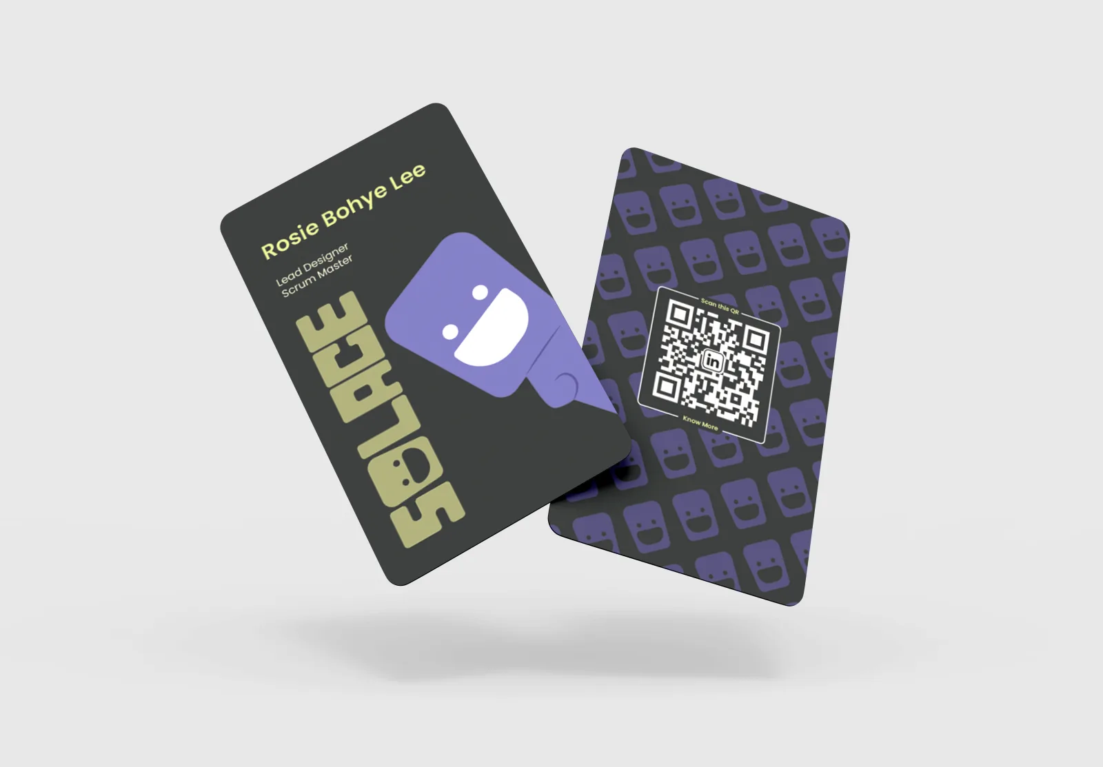 Solace business card mockup: front with mascot and wordmark, back with QR code