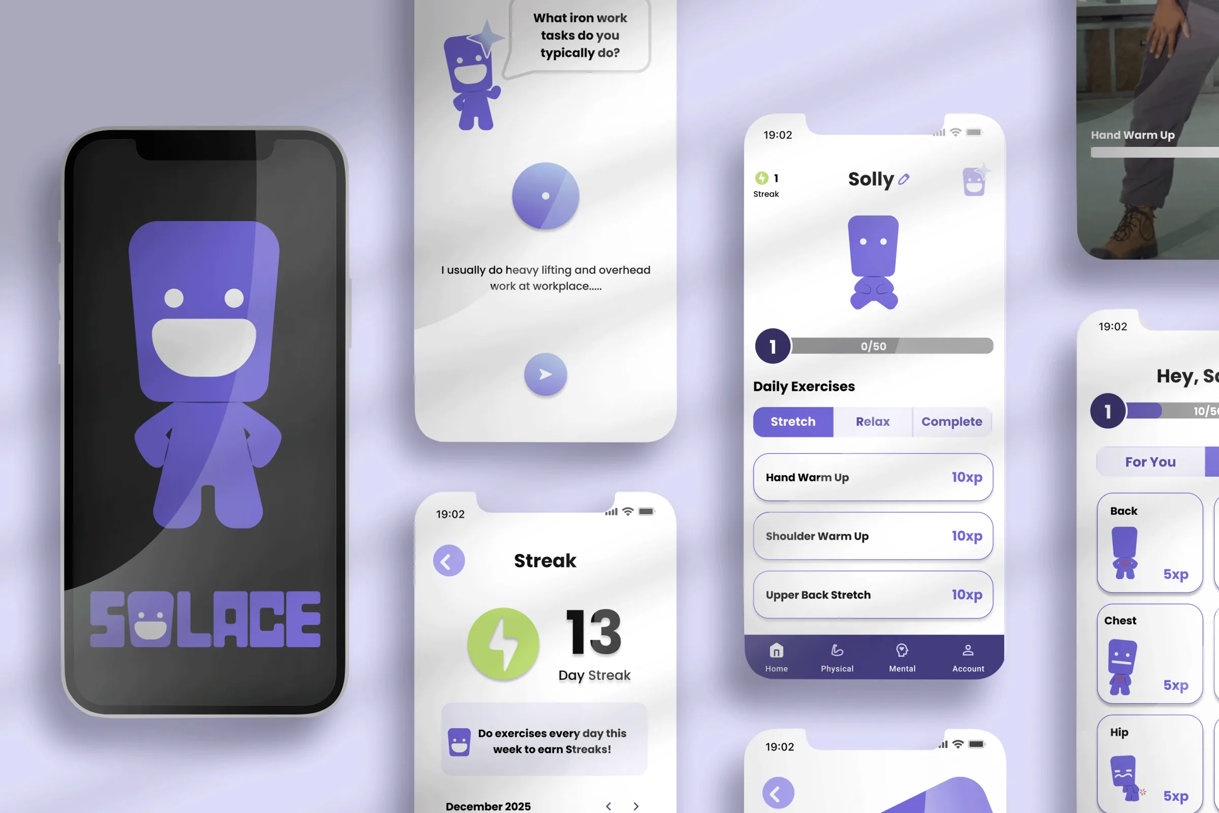 Solace app screens: the Solace splash screen with the mascot, AI onboarding asking about iron work tasks, a 13-day streak, the daily exercises home with Solly, and body-area stretches