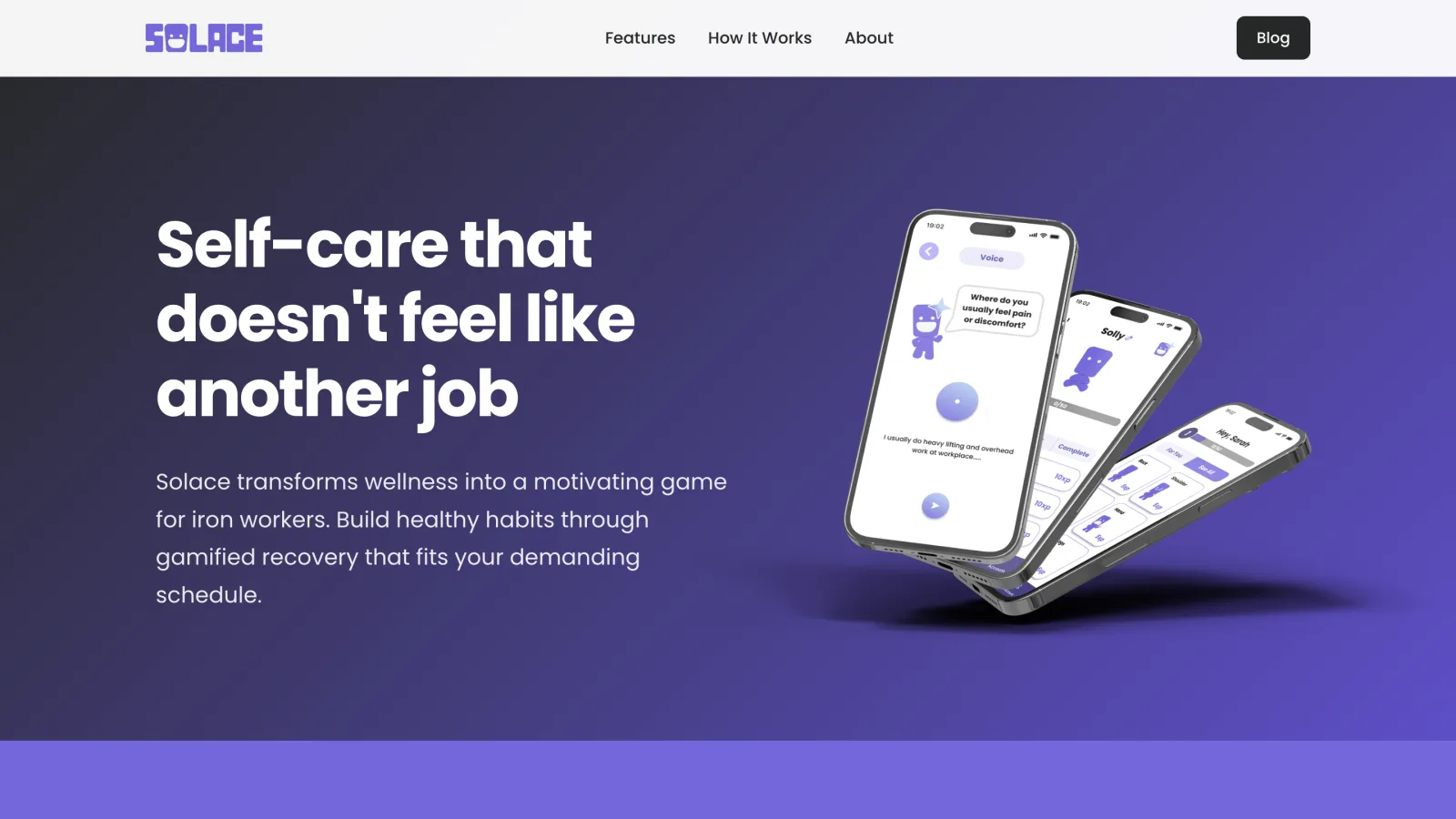 Solace promo website homepage: hero headline beside floating app screens