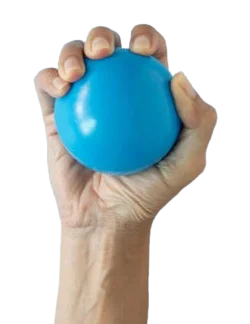 A hand squeezing a blue stress ball