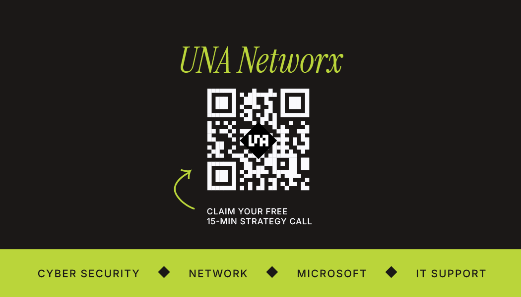 UNA Networx business card — QR code side with services band