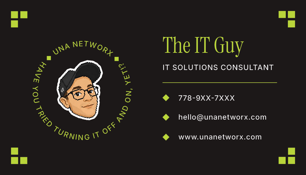 UNA Networx business card — contact details side with The IT Guy illustration
