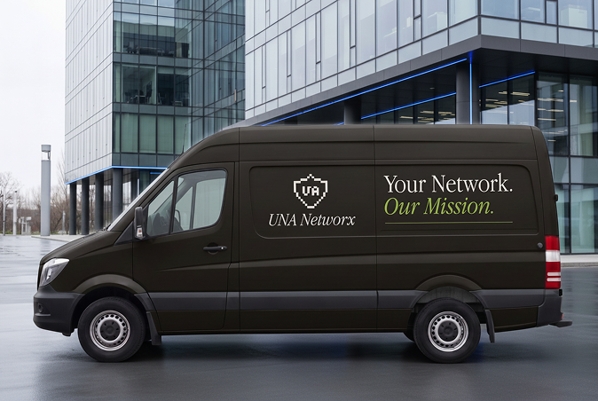 UNA Networx livery on a fleet van outside an office
