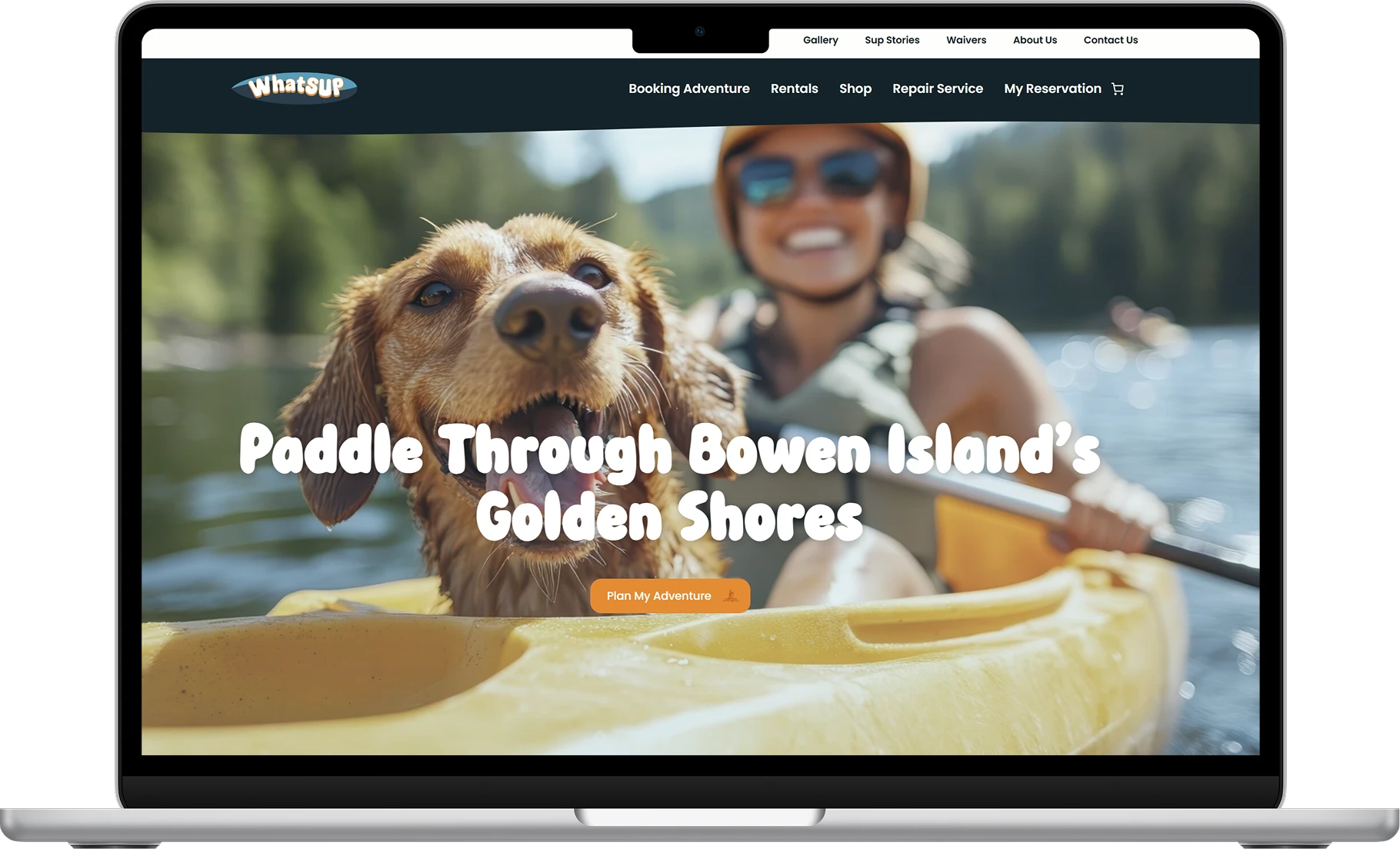 The WhatSUP booking site on a laptop: a dog and a paddler in a yellow kayak under the headline Paddle Through Bowen Island’s Golden Shores